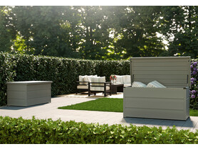 Hormann Juno duża metalowa skrzynia ogrodowa balkonowa tarasowa zamykana schowek szare aluminium RAL 9007